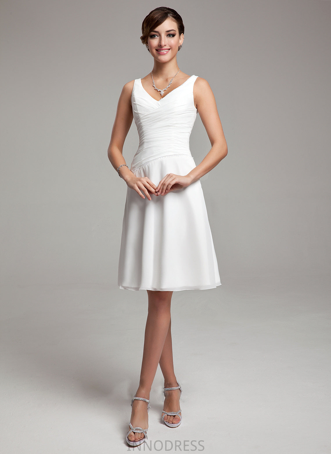 Knee-Length Sequins With A-Line V-neck Dress Chiffon Wedding Amy Wedding Dresses Ruffle Beading