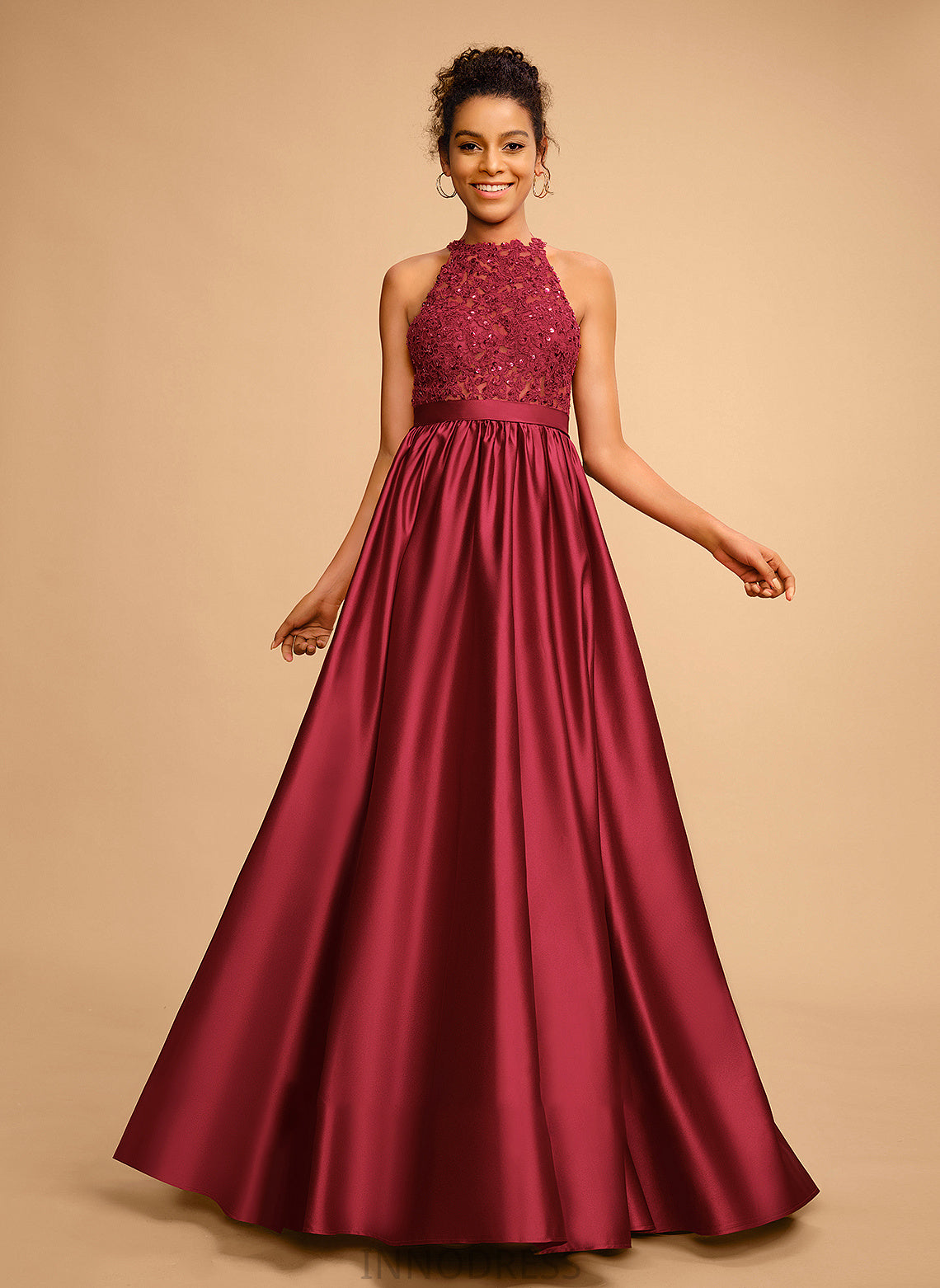 Ball-Gown/Princess Sequins With Halter Satin Floor-Length Nia Prom Dresses