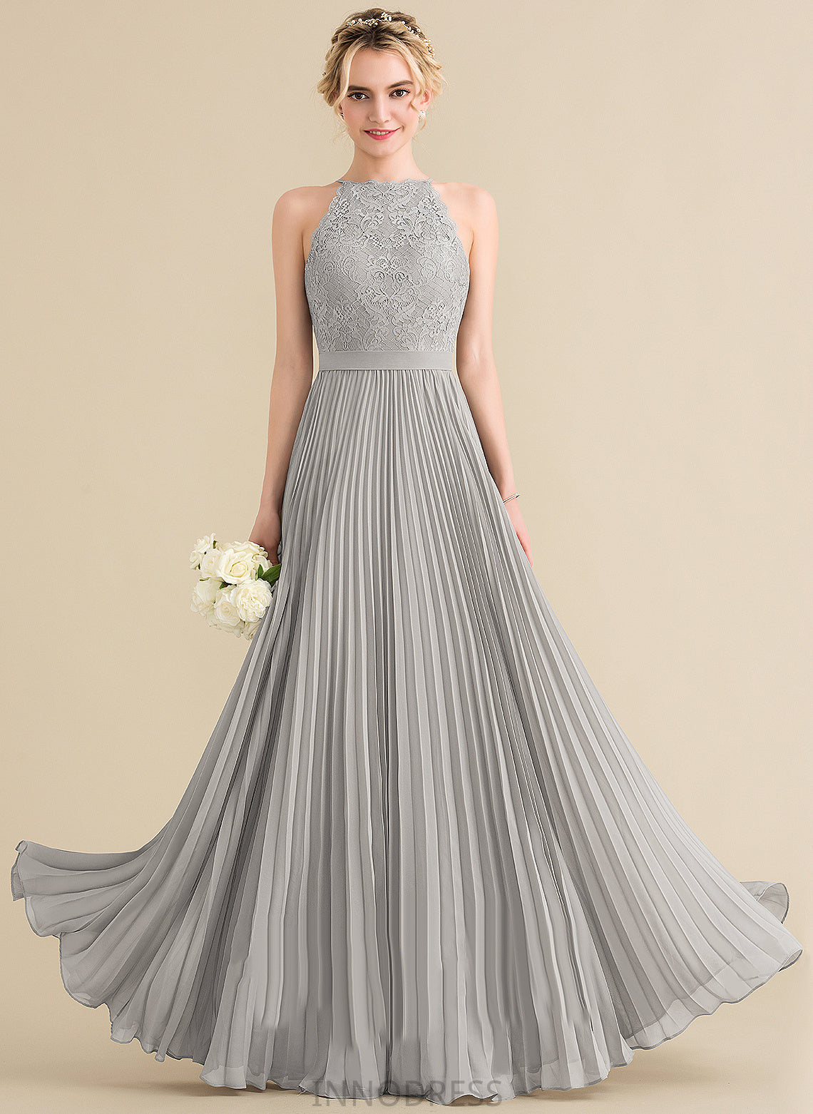 Silhouette Neckline Length Embellishment Scoop A-Line Fabric Floor-Length Pleated Sal Bridesmaid Dresses