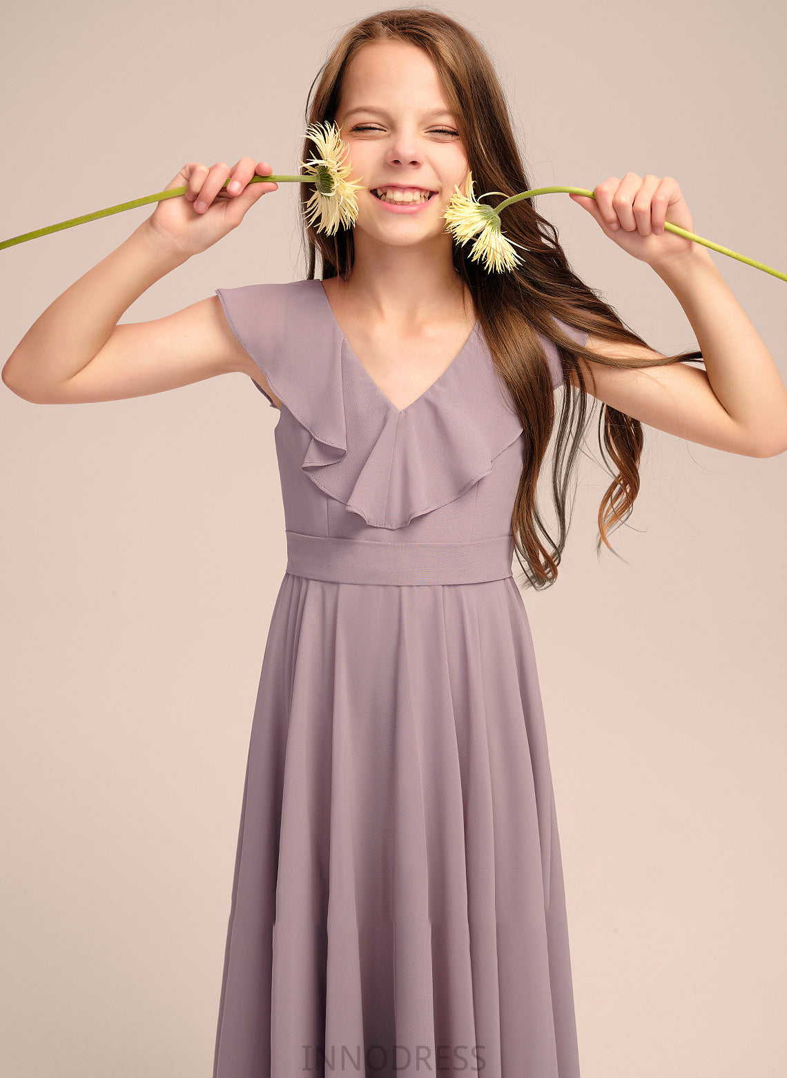 Selah Floor-Length Chiffon Junior Bridesmaid Dresses Cascading A-Line With Ruffles V-neck