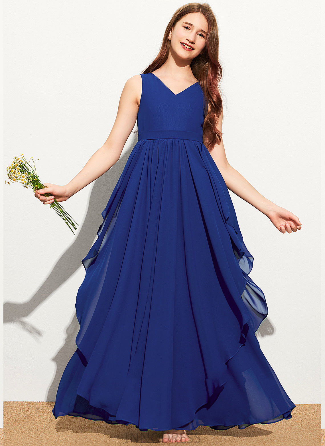 A-Line Junior Bridesmaid Dresses Ruffles Floor-Length V-neck Cascading With Chiffon Sydnee