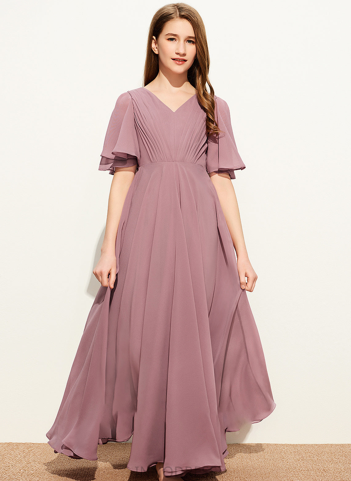 Floor-Length With Chiffon Dulce Ruffle A-Line Junior Bridesmaid Dresses V-neck