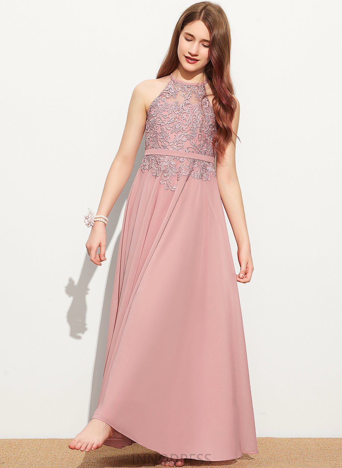 Ann Neck Lace Junior Bridesmaid Dresses A-Line Chiffon Floor-Length Scoop