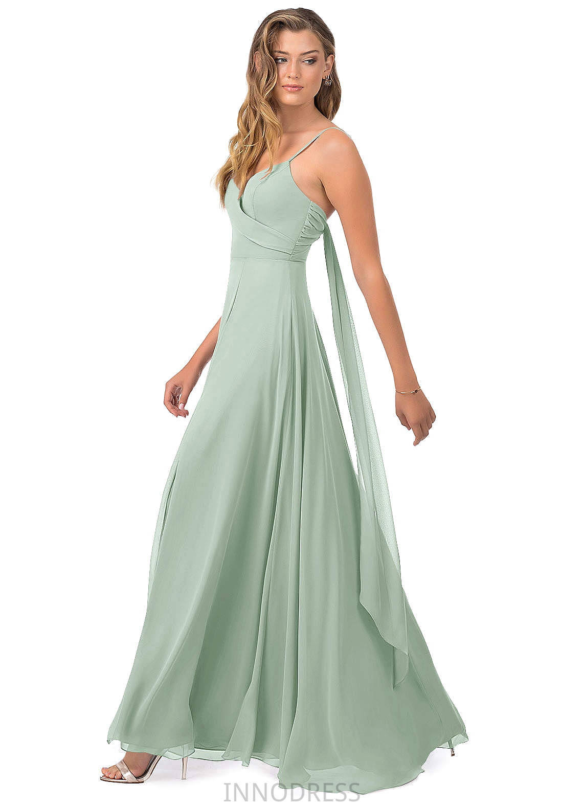 Pamela Natural Waist Sleeveless Spaghetti Staps Floor Length Off The Shoulder A-Line/Princess Bridesmaid Dresses