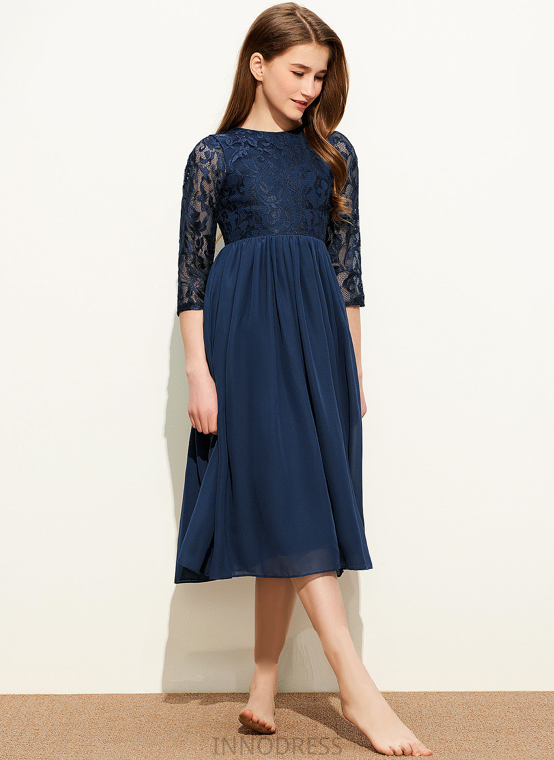 Scoop Lace Dominique Tea-Length Neck A-Line Chiffon Junior Bridesmaid Dresses