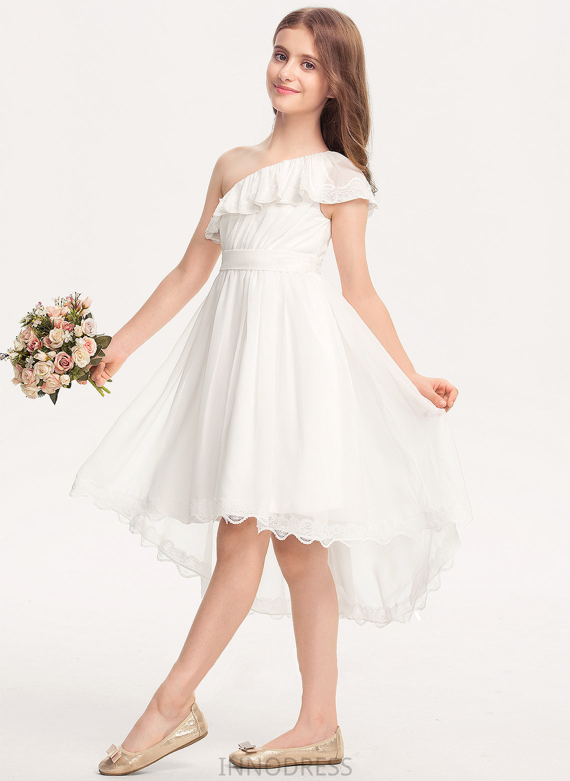 With Chiffon Asymmetrical Lace Bow(s) Junior Bridesmaid Dresses Aubrie A-Line One-Shoulder