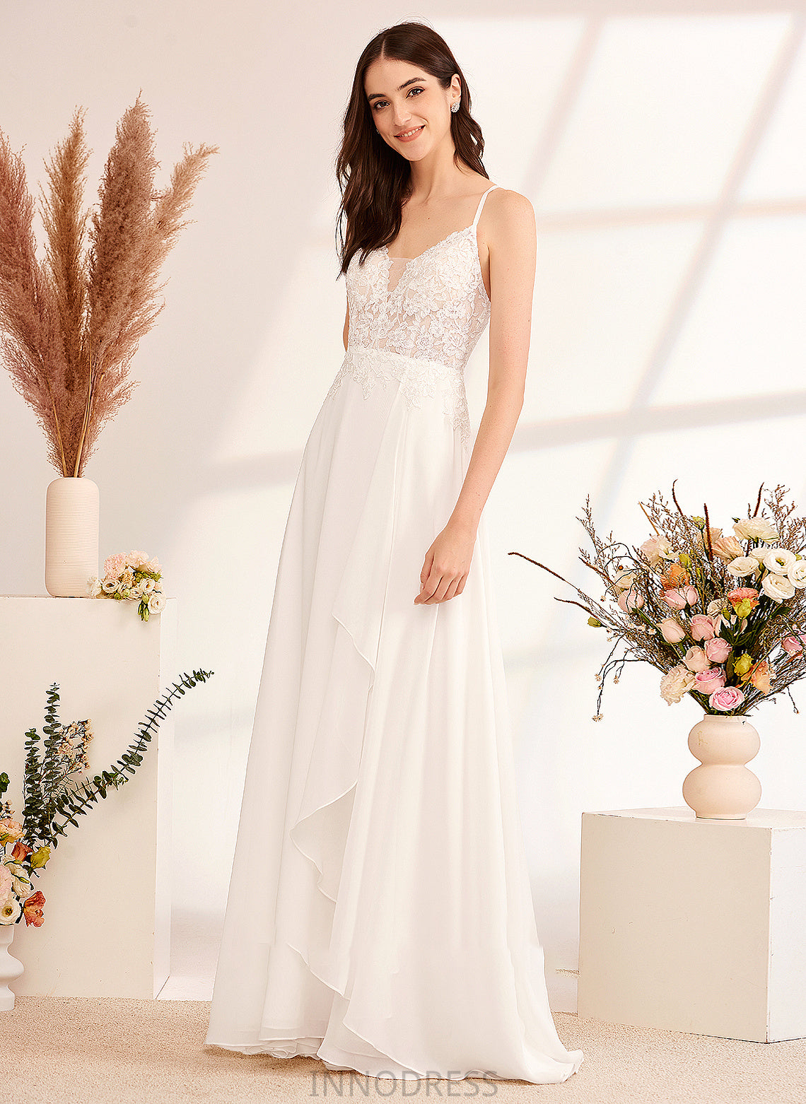 Sequins V-neck Dress Wedding Dresses A-Line With Floor-Length Aniya Wedding