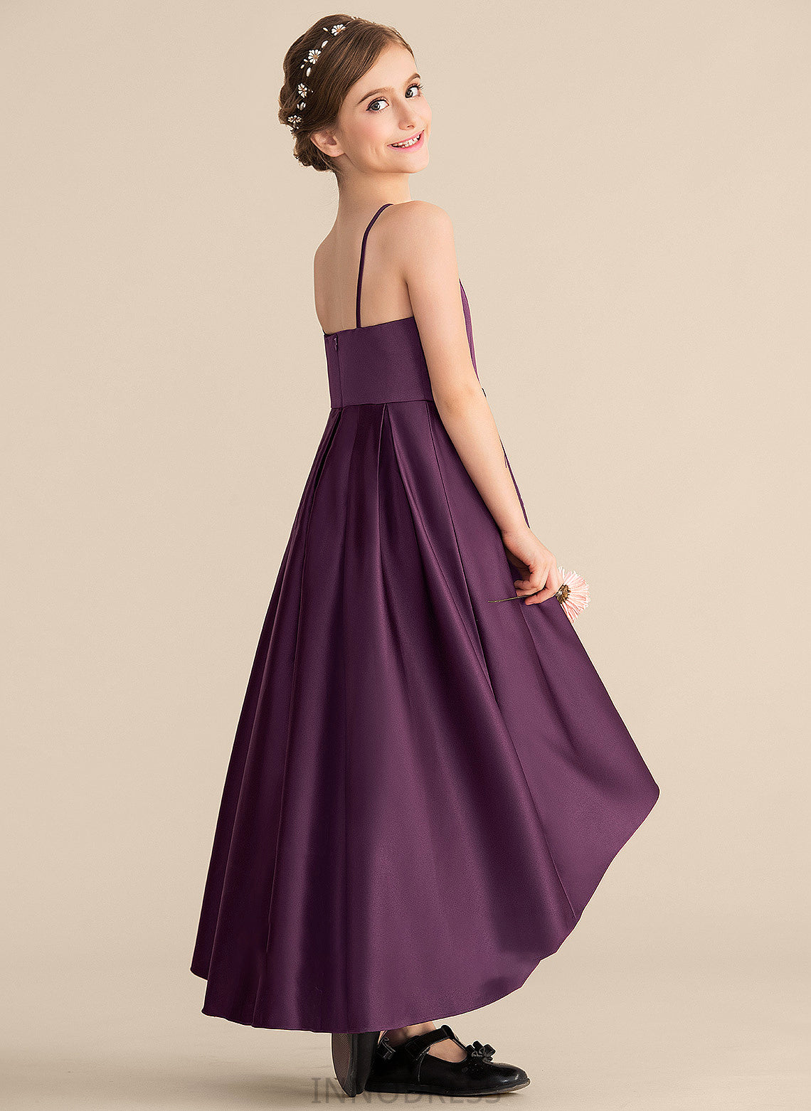 Kiara Neck A-Line Asymmetrical Junior Bridesmaid Dresses With Scoop Ruffle Satin