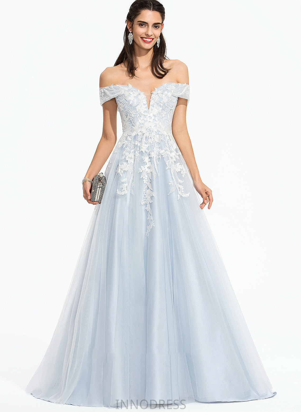 Off-the-Shoulder Sweep Prom Dresses With Sequins Train Ball-Gown/Princess Virginia Tulle