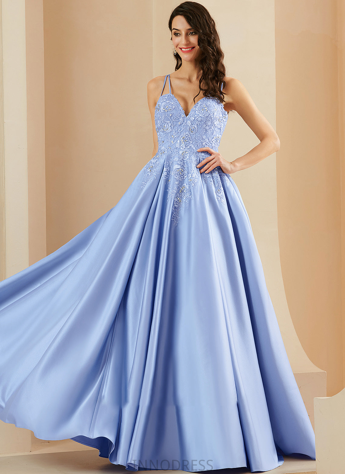 Prom Dresses V-neck Satin Carlee Beading Sequins With Floor-Length Ball-Gown/Princess