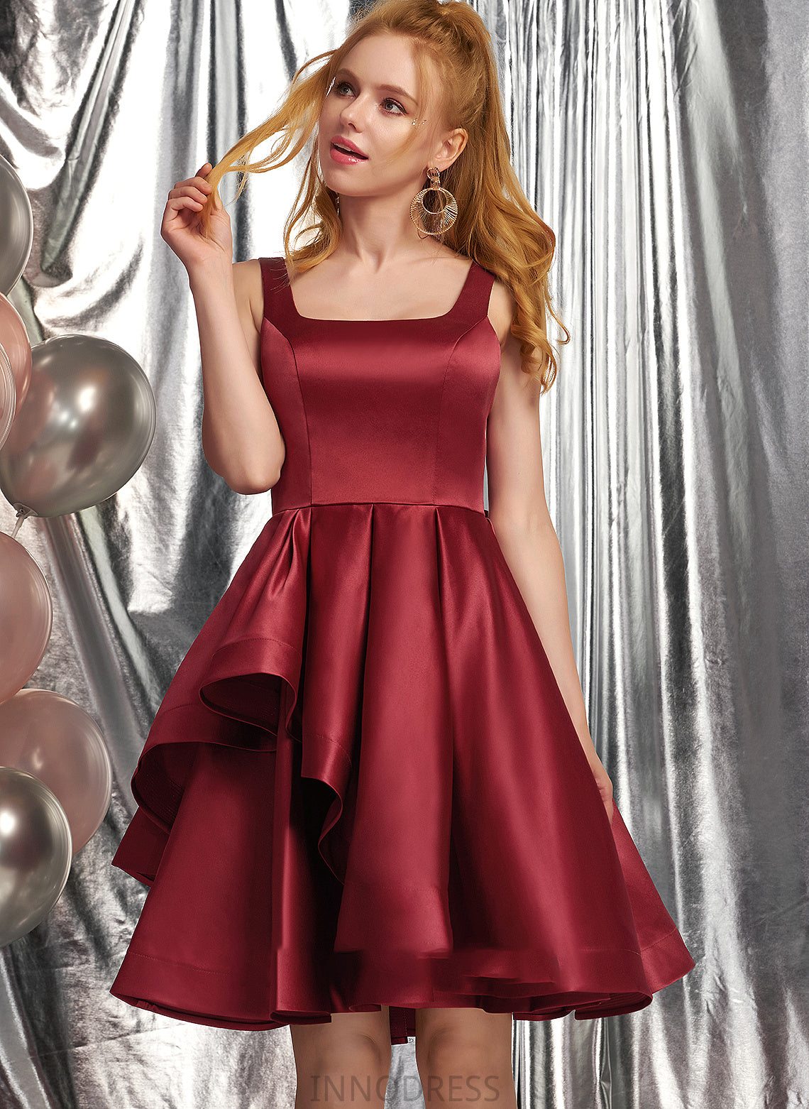 Prom Dresses A-Line Dixie Satin Bow(s) Ruffles With Square Cascading Knee-Length Neckline