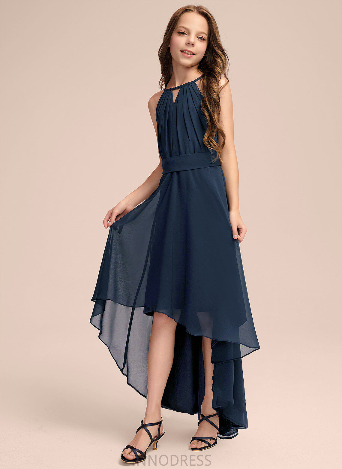 A-Line Asymmetrical Neck With Bow(s) Chiffon Junior Bridesmaid Dresses Adison Ruffles Scoop