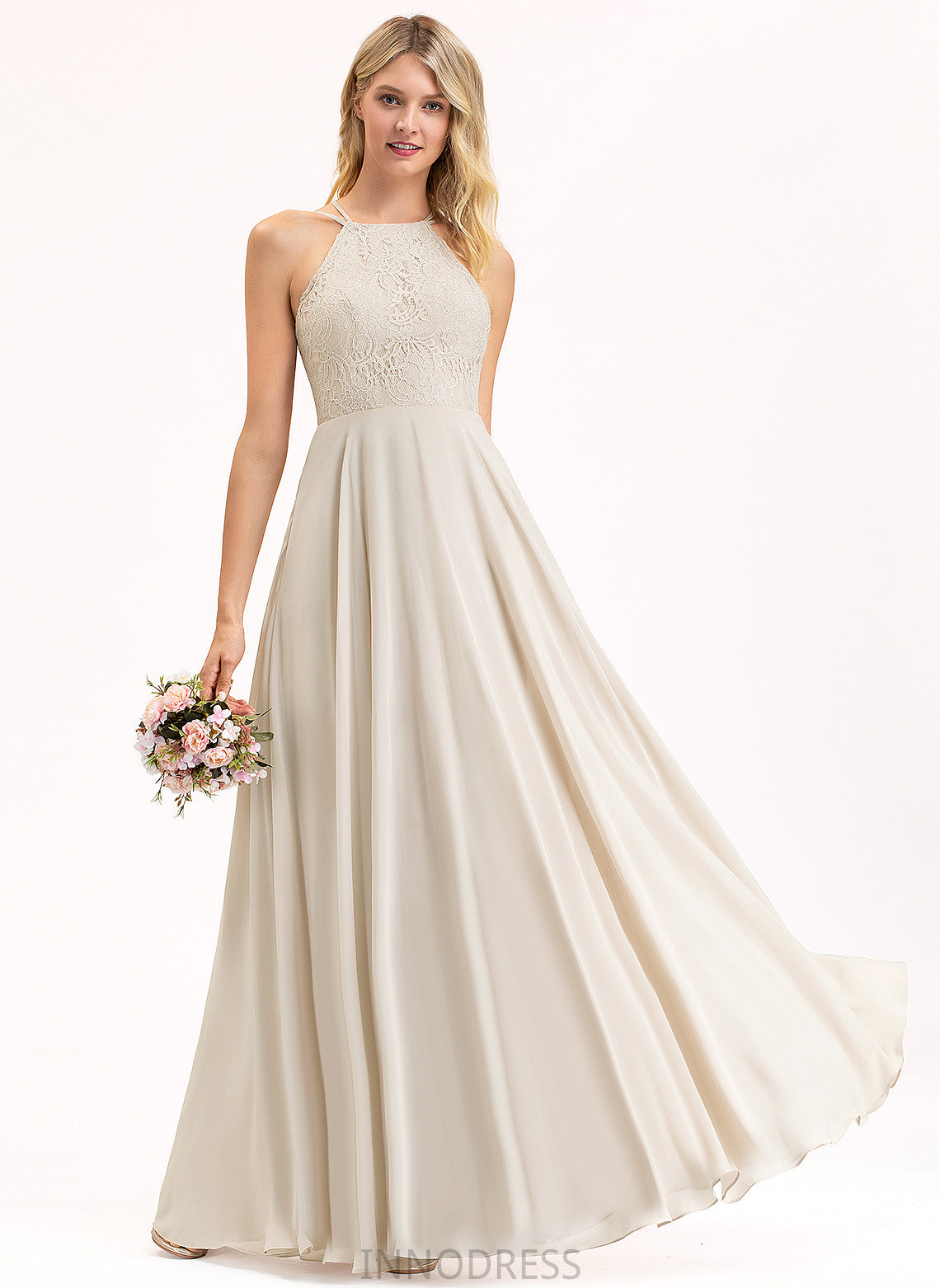 A-Line Fabric Silhouette Floor-Length Length Scoop Lace Neckline Straps&Sleeves Nell Sheath/Column Sleeveless Bridesmaid Dresses