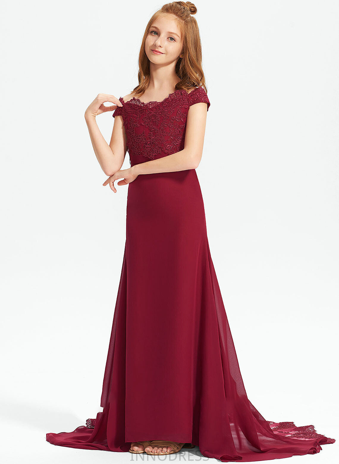 Train Junior Bridesmaid Dresses Trumpet/Mermaid Chiffon Off-the-Shoulder Court Lace Diana