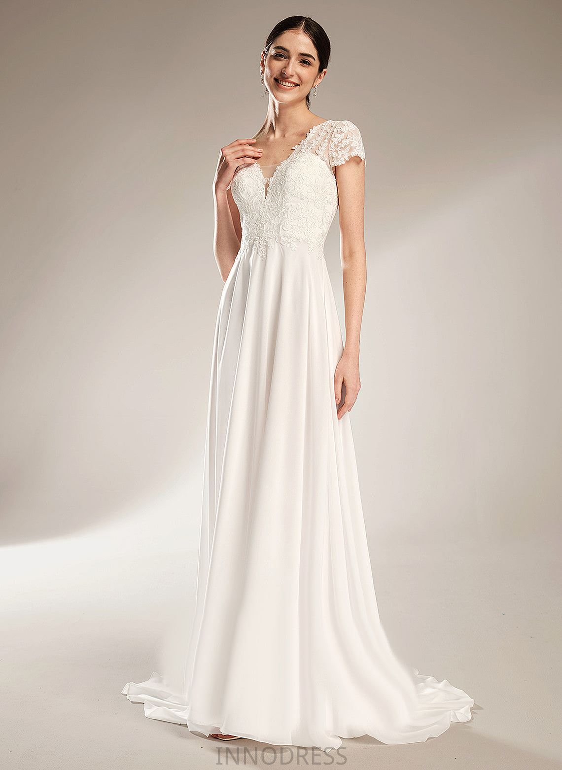 Wedding Lace A-Line With Bow(s) Cloe Court Wedding Dresses Train Chiffon Dress V-neck