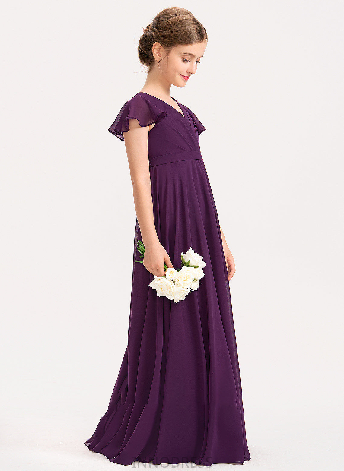 Junior Bridesmaid Dresses Cascading V-neck Bow(s) Kailyn Chiffon Floor-Length A-Line With Ruffles