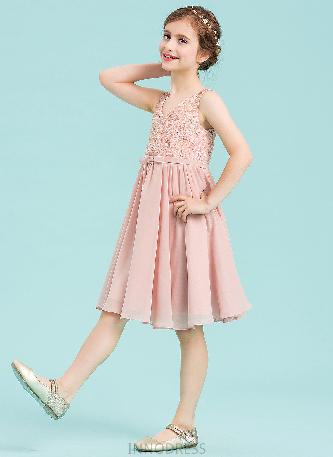 Bow(s) Knee-Length Chiffon Cecelia V-neck A-Line Junior Bridesmaid Dresses With