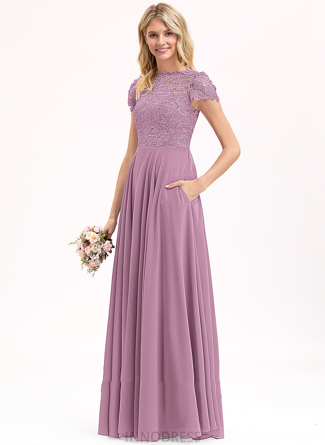 Floor-Length Scoop Fabric Silhouette Lace Straps&Sleeves Neckline A-Line Length Adeline Cap Sleeves Natural Waist Bridesmaid Dresses