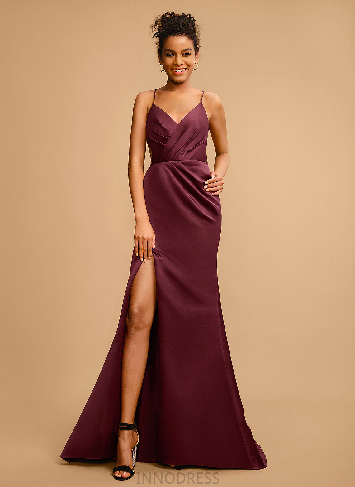 With Train Sweep Prom Dresses Sheath/Column V-neck Pleated Charlee Satin