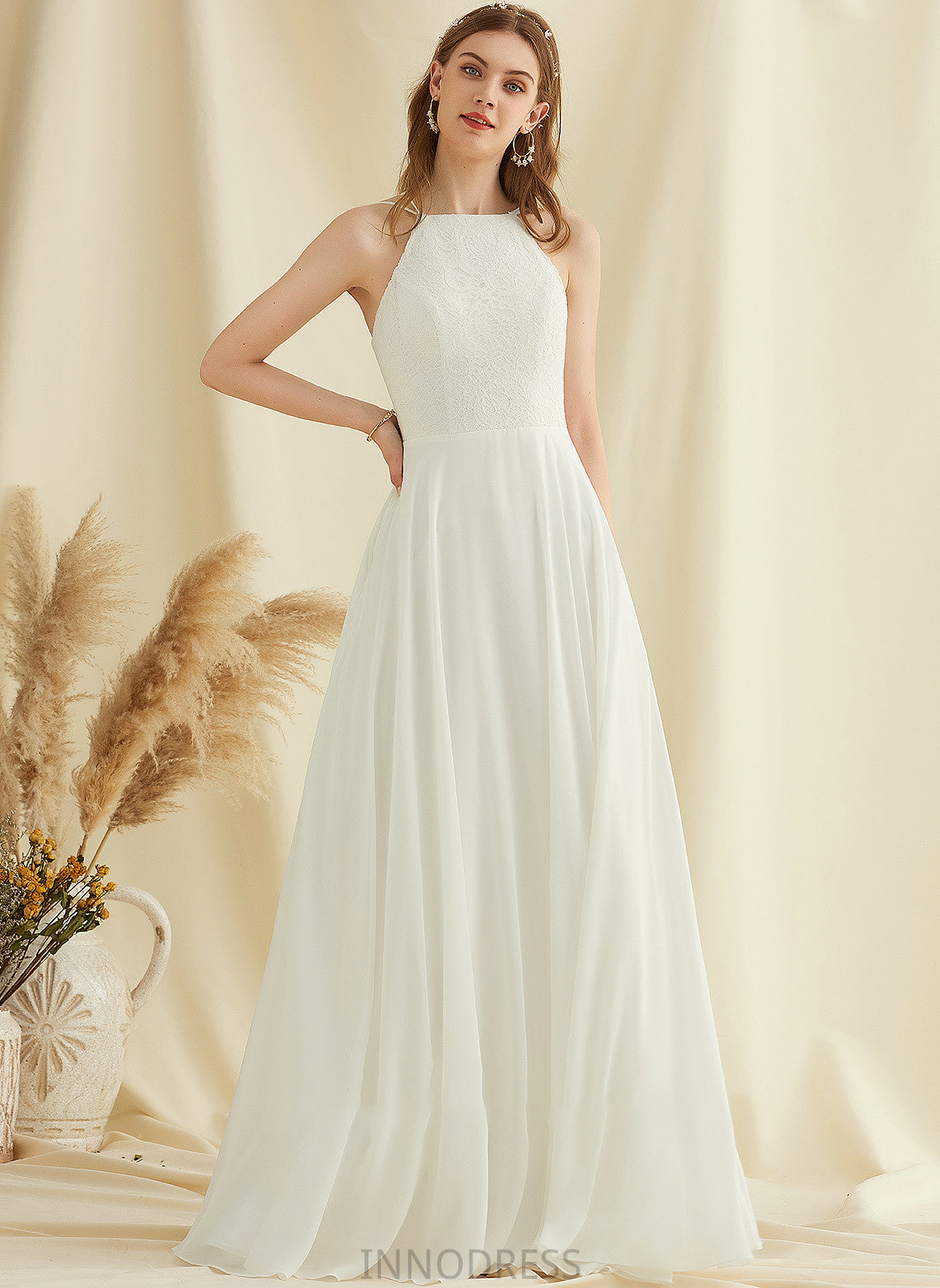 Chiffon Pockets Floor-Length Scoop A-Line Wedding Dresses With Dress Neck Sophia Lace Wedding