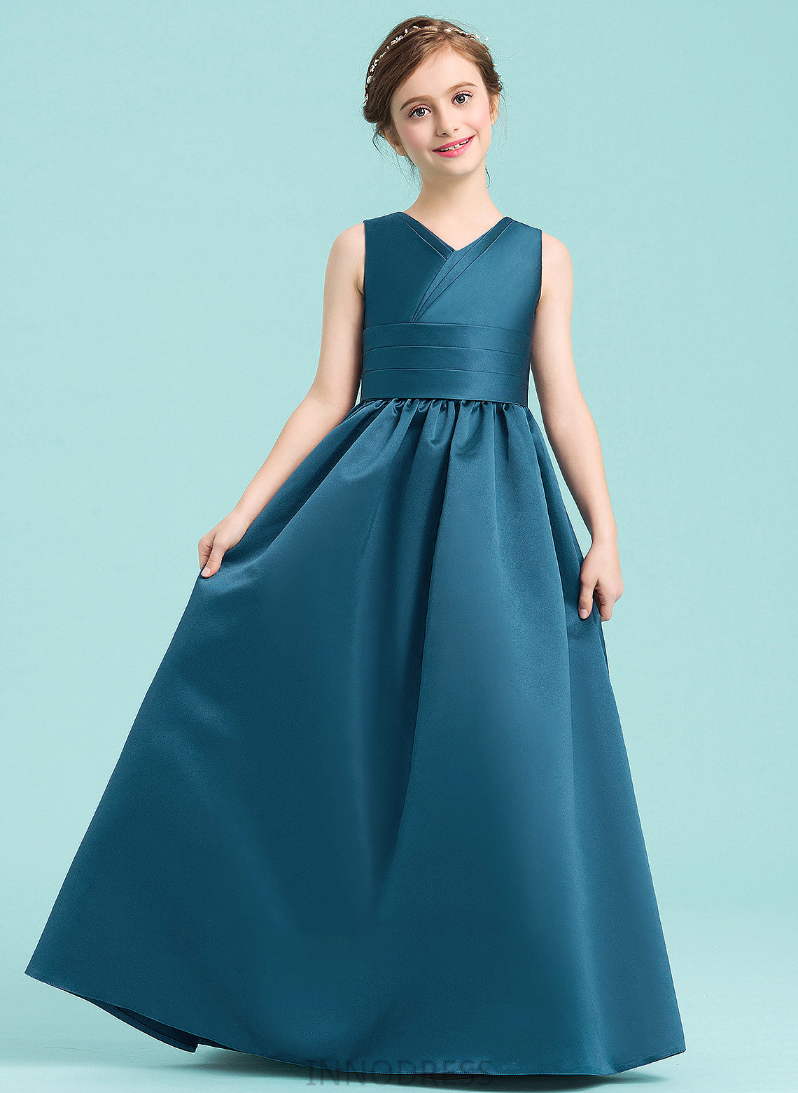 Satin With Ball-Gown/Princess V-neck Jadyn Floor-Length Junior Bridesmaid Dresses Ruffle