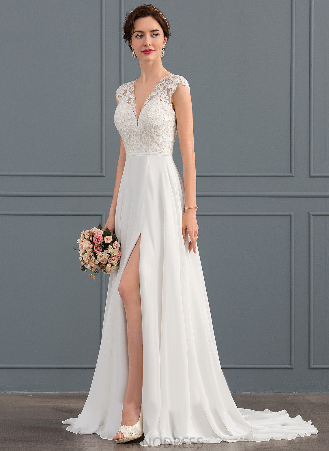 Sweep Wedding Dresses V-neck Split Lace Dress Train Chiffon Front Wedding With Rylie A-Line