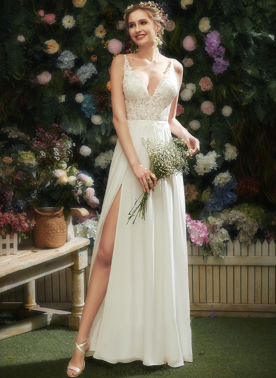 Chiffon A-Line Split Madge Floor-Length Lace Lace Wedding Dresses V-neck Dress Wedding With Front