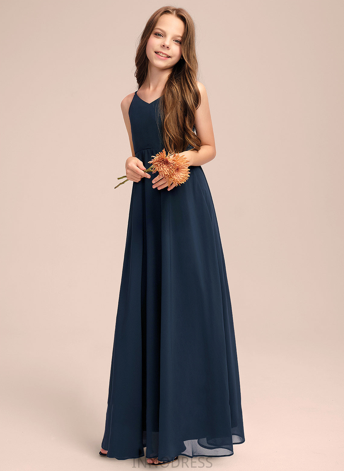 Junior Bridesmaid Dresses A-Line Amelie Bow(s) Chiffon With V-neck Floor-Length