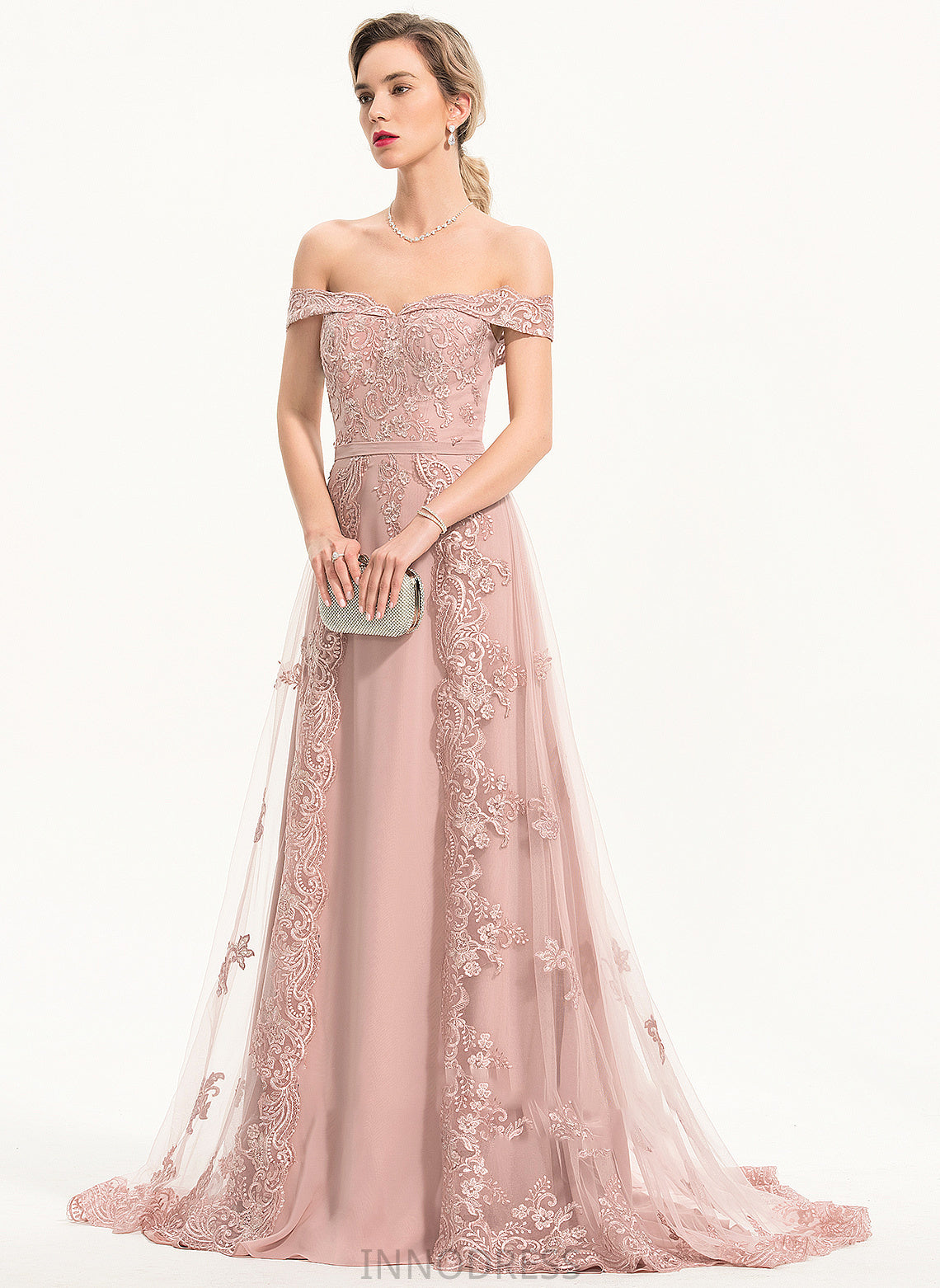 Sequins Prom Dresses A-Line Off-the-Shoulder Chiffon Gillian Train Sweep Tulle With