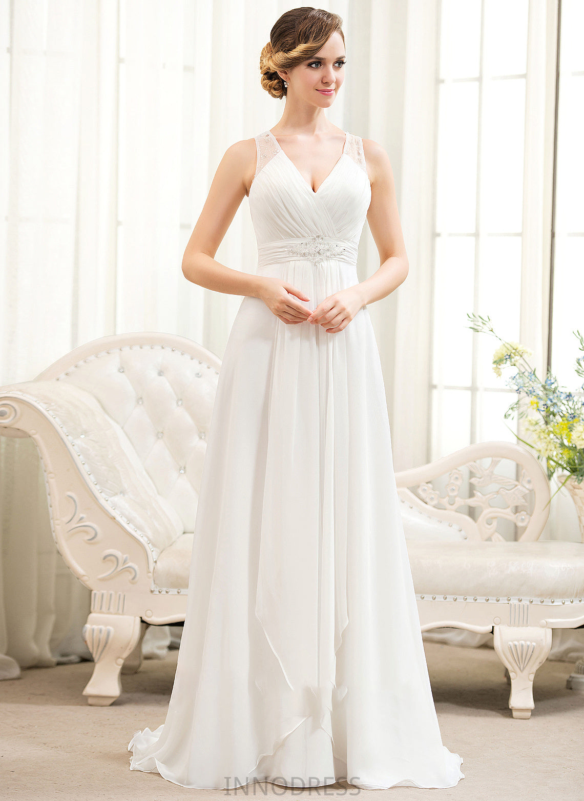 Sweep Chiffon Beading V-neck Wedding Dresses Train Cascading A-Line With Ruffles Dress Wedding Sequins Azul