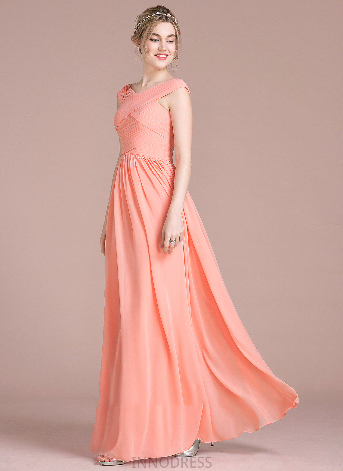 V-neck Chiffon Prom Dresses With Ruffle Ball-Gown/Princess Ryan Floor-Length