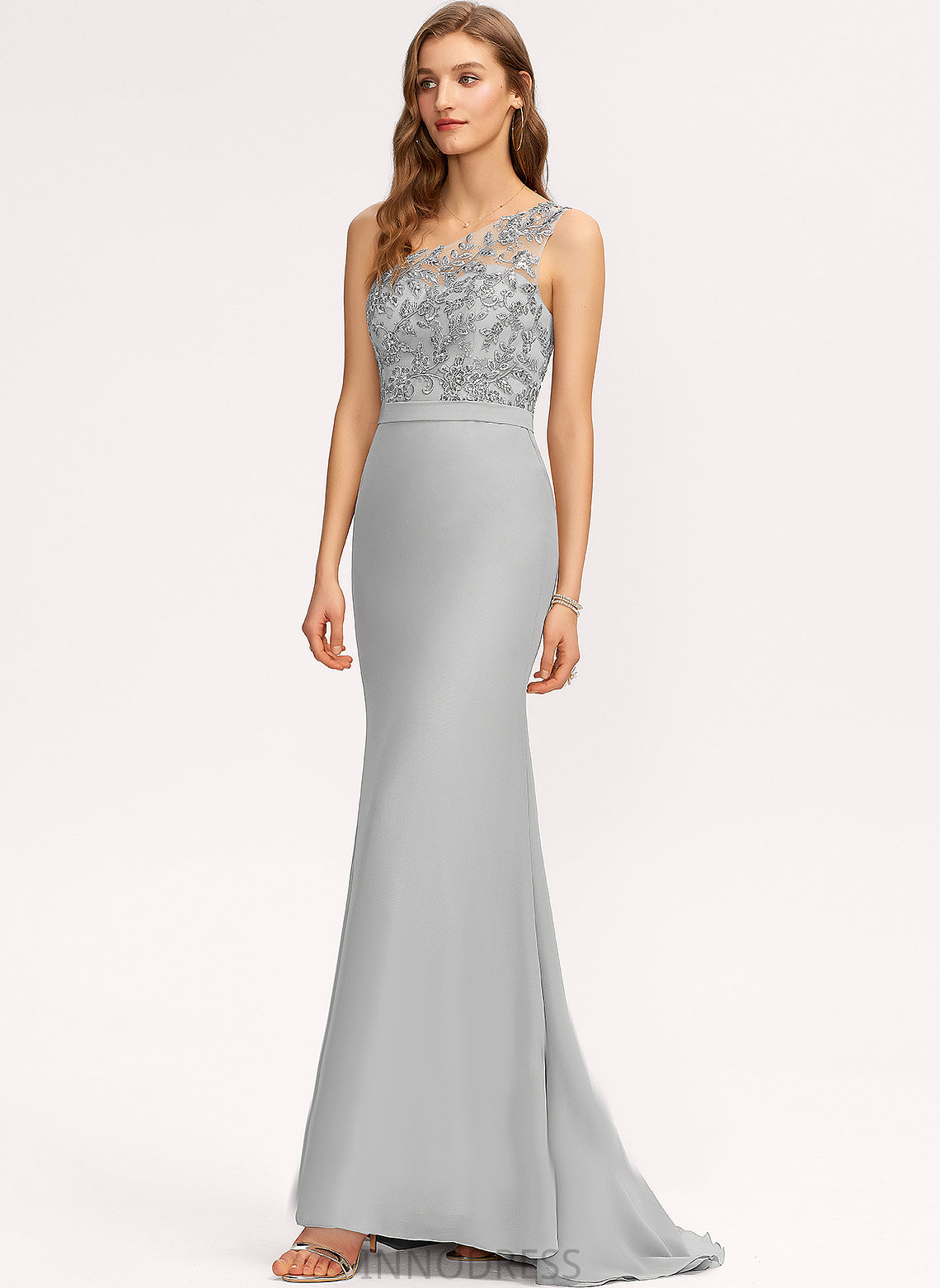 Neckline Sequins SweepTrain Trumpet/Mermaid Embellishment One-Shoulder Silhouette Length Fabric Kathryn Floor Length Sleeveless Bridesmaid Dresses