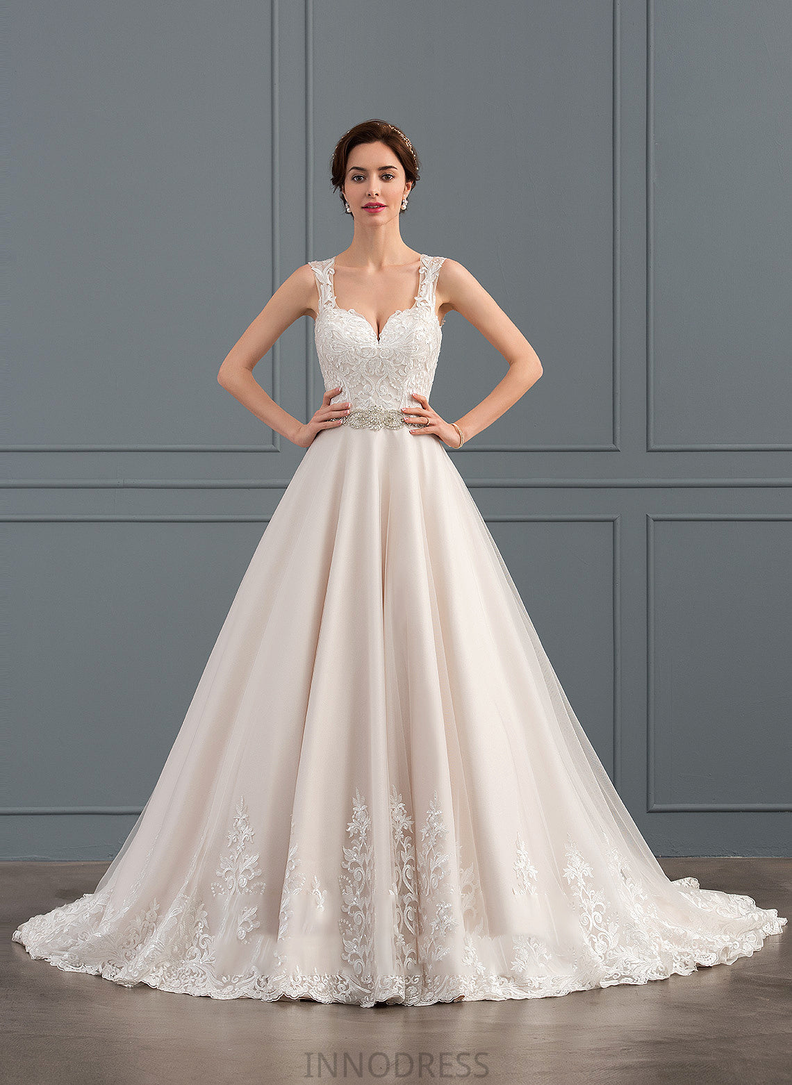 Ball-Gown/Princess Tulle Court Cali Dress Sweetheart Wedding Dresses Lace Wedding With Beading Train