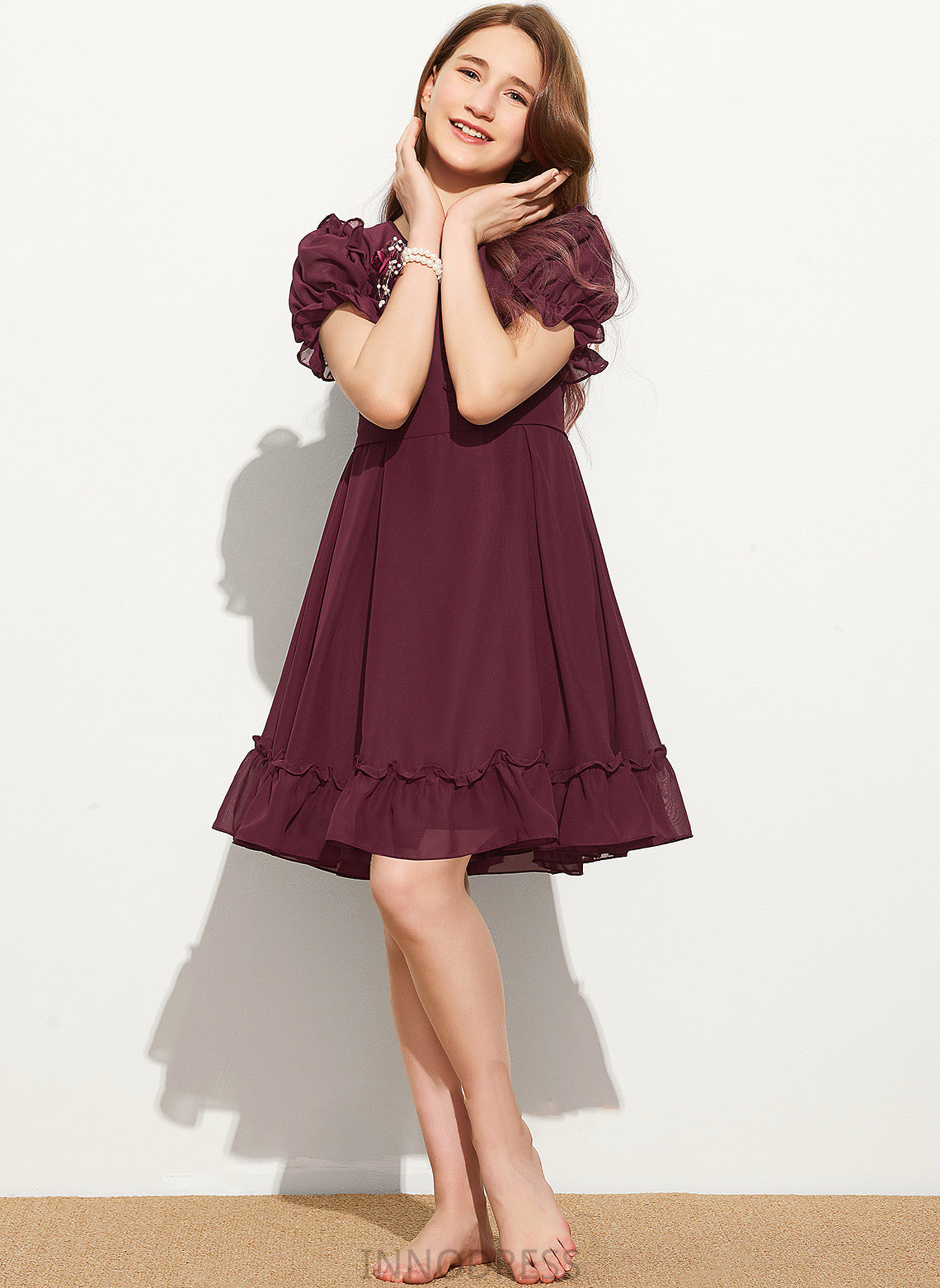 A-Line Chiffon Bow(s) Kaylynn Junior Bridesmaid Dresses With Cascading Scoop Knee-Length Neck Ruffles