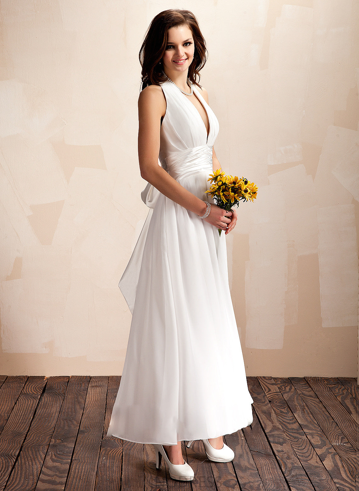 Dress With Bow(s) Halter Wedding Dresses Chiffon Wedding A-Line Kaylee Ankle-Length Ruffle