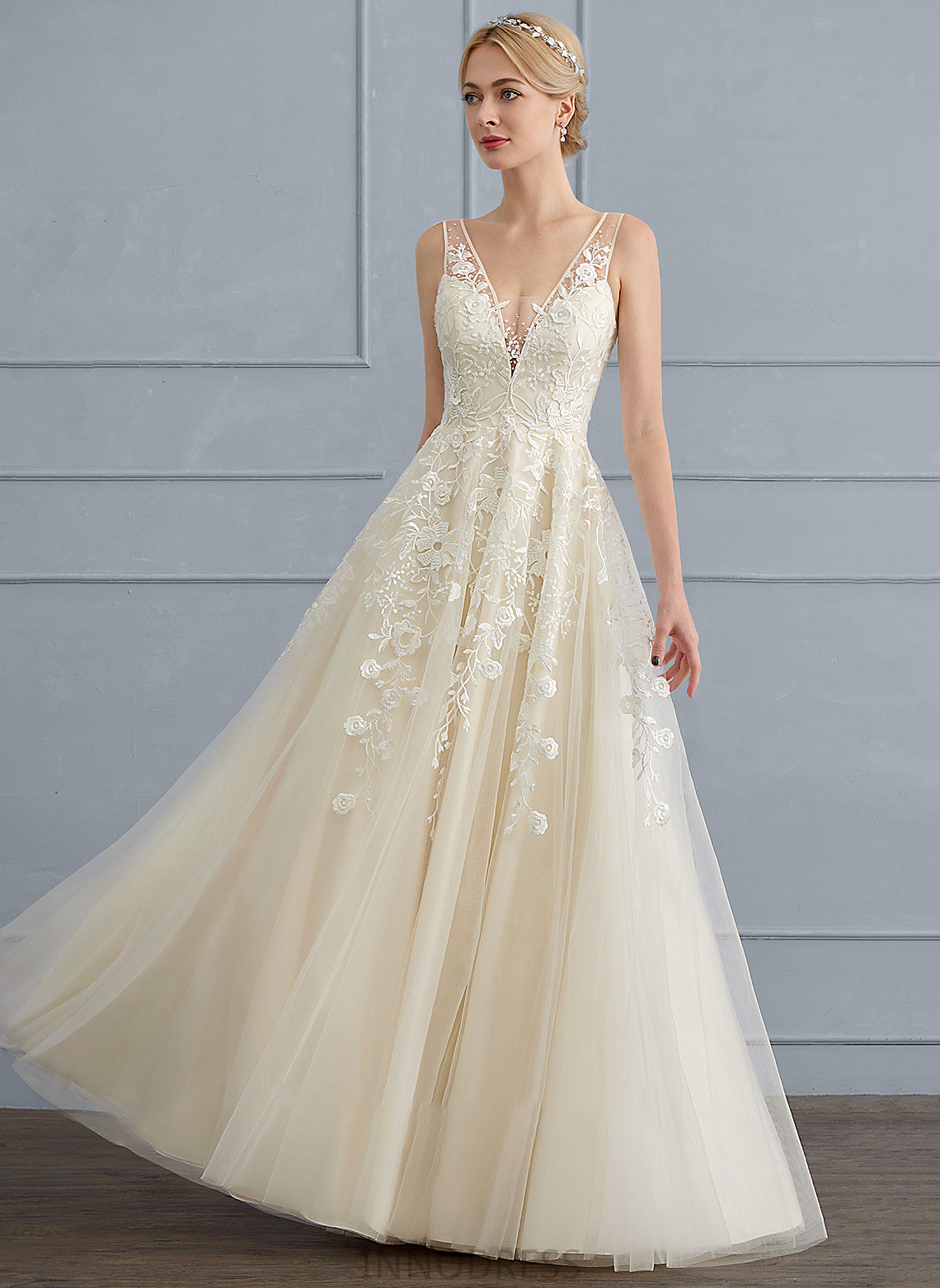 V-neck Floor-Length Wedding Dresses Ariella Sequins Beading A-Line With Wedding Tulle Dress