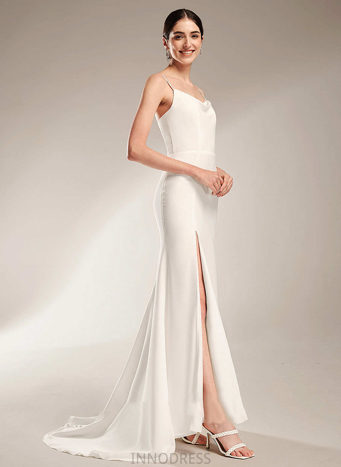 Beading A-Line Train With Dress Hallie Neck Wedding Dresses Court Cowl Wedding