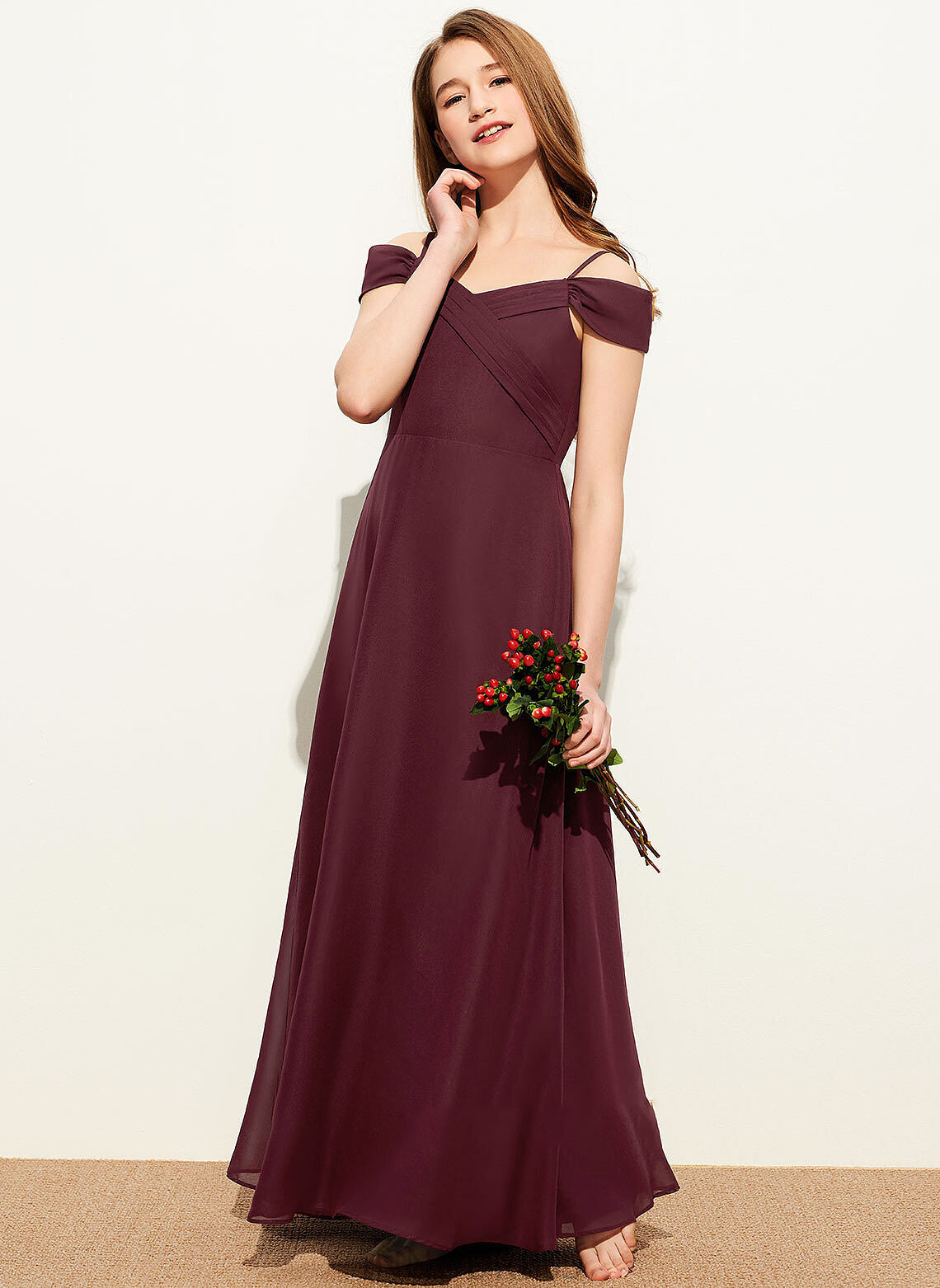 Ruffle With Junior Bridesmaid Dresses A-Line Floor-Length Off-the-Shoulder Micaela Chiffon