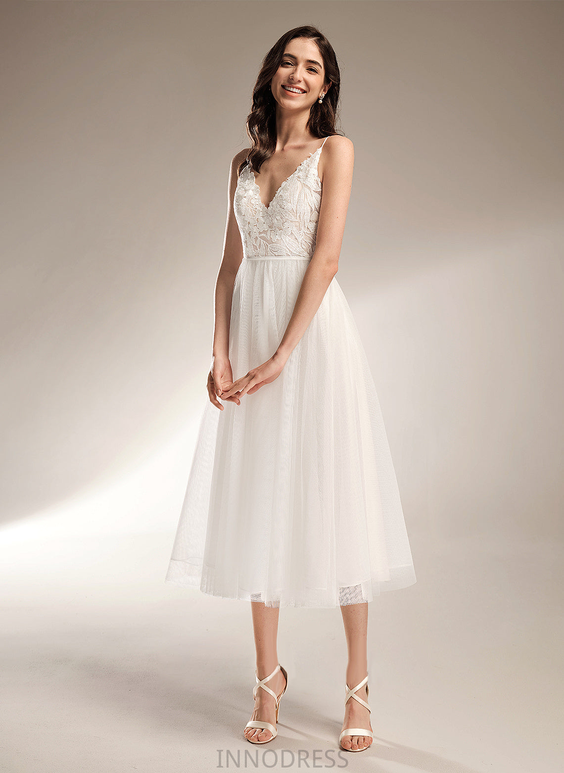 A-Line Dress Ryann V-neck Tea-Length Lace Tulle Wedding Wedding Dresses