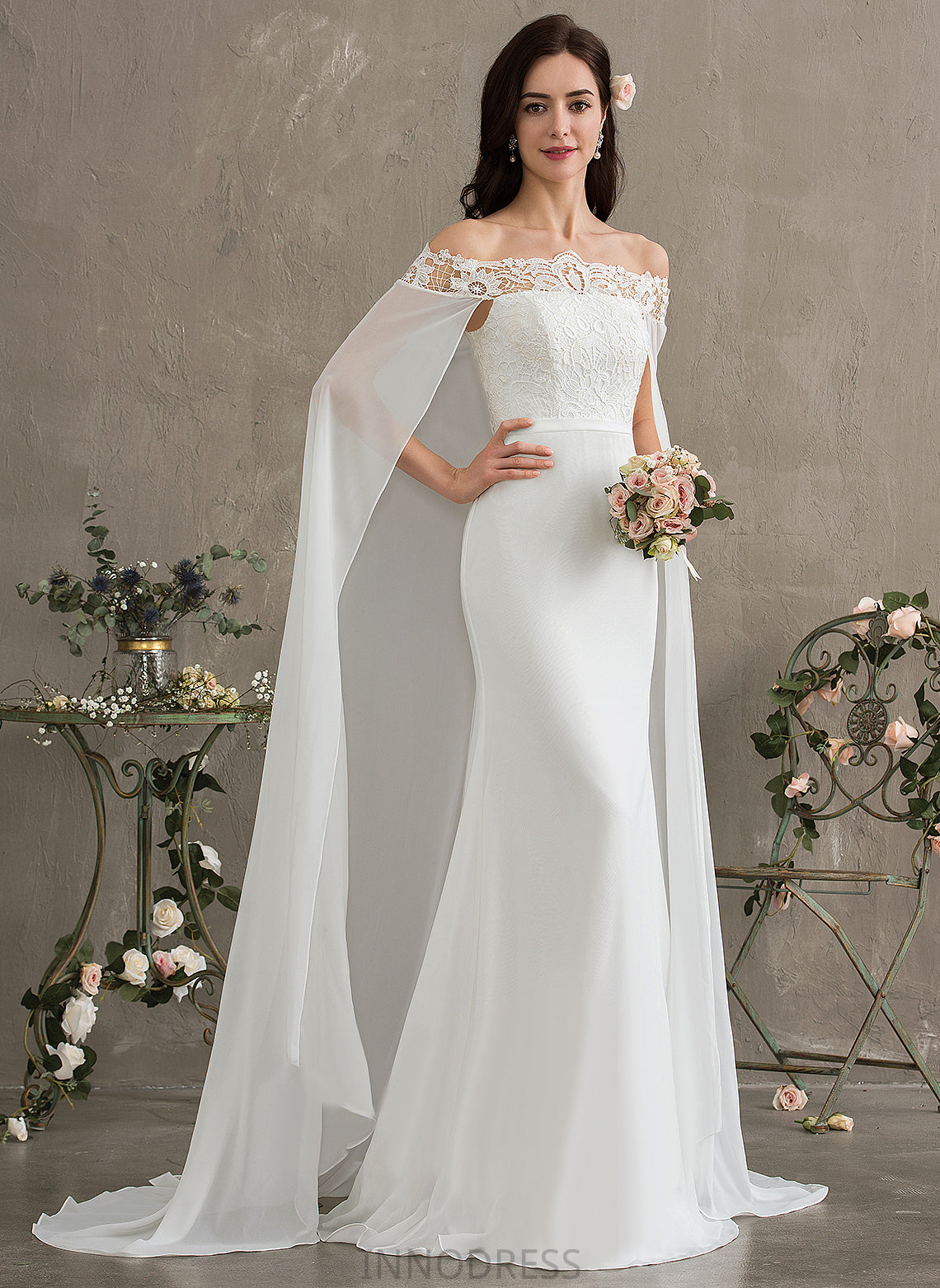 Court Wedding Dresses With Lace Dress Off-the-Shoulder Lace Wedding Chiffon Jeanie Sheath/Column Train