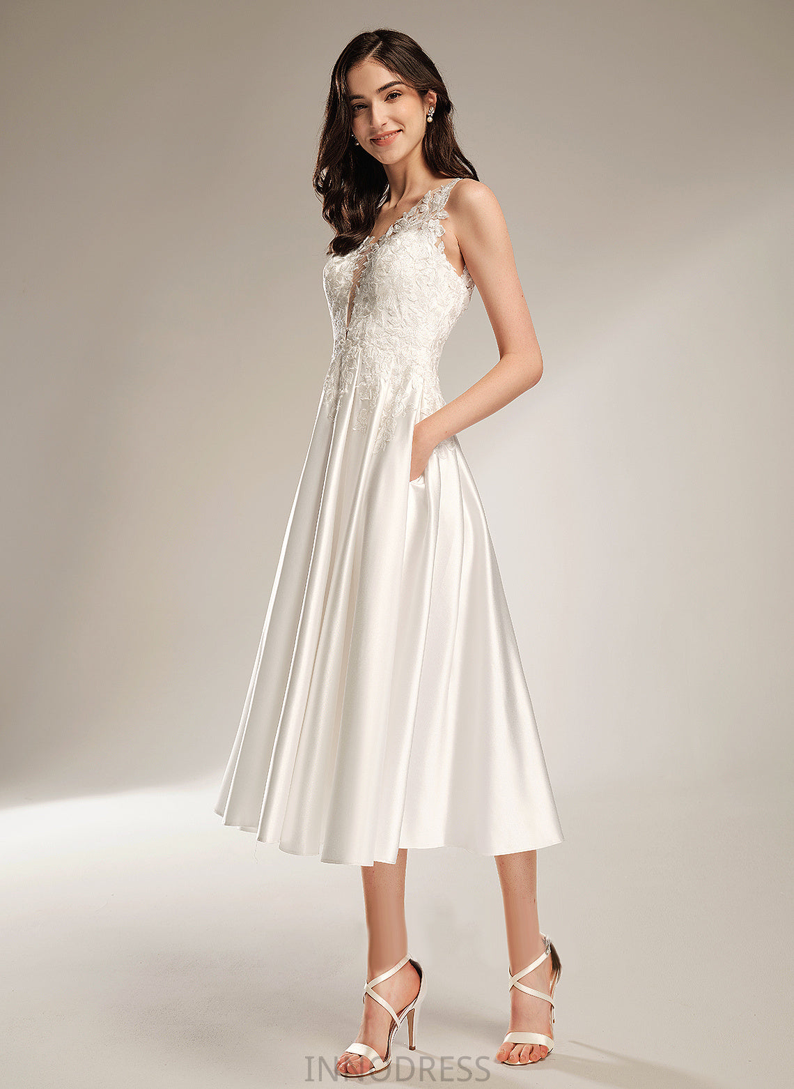 V-neck Dress Lace A-Line Mira Satin Wedding Wedding Dresses Tea-Length