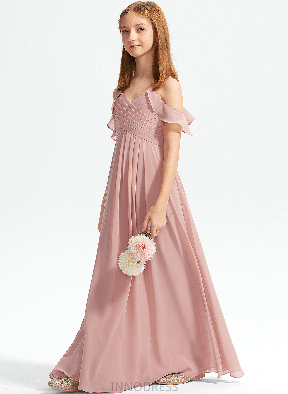 Off-the-Shoulder With Ryan Floor-Length Chiffon Junior Bridesmaid Dresses A-Line Ruffles Cascading