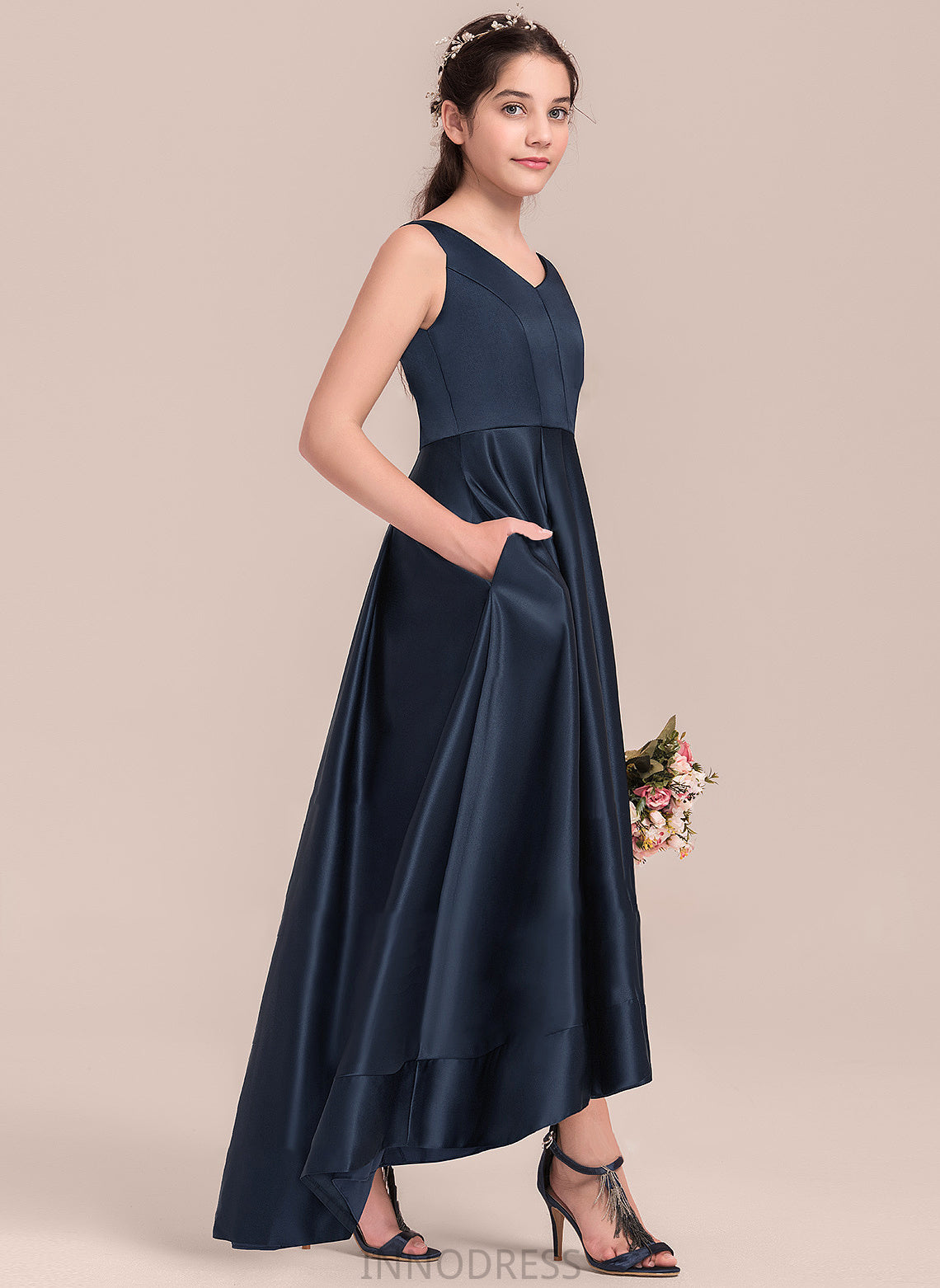 Satin V-neck Asymmetrical Junior Bridesmaid Dresses A-Line Natalee