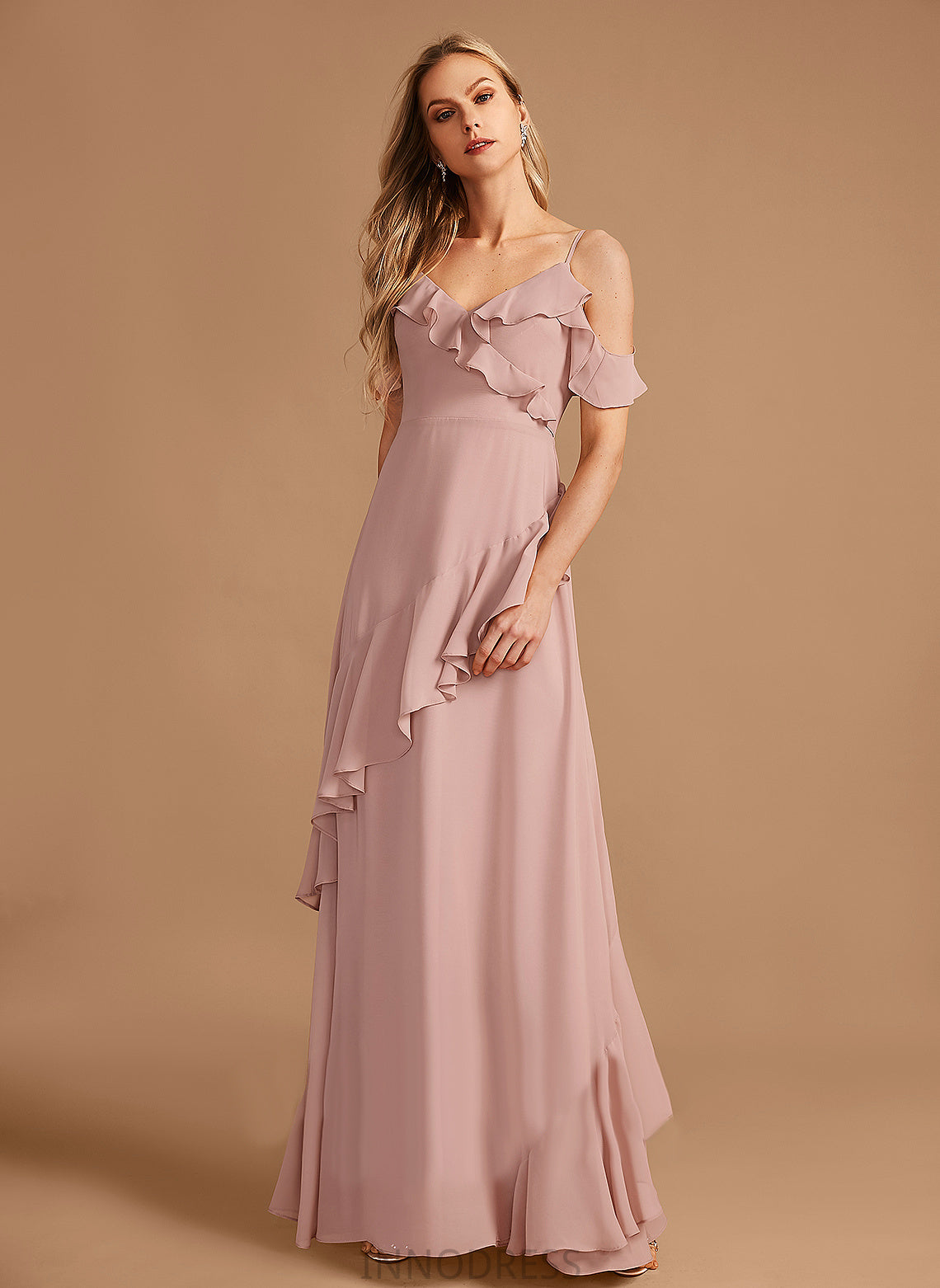 Neckline Fabric V-neck A-Line Floor-Length Silhouette Embellishment Ruffle Length Mercedes V-Neck Sleeveless Bridesmaid Dresses