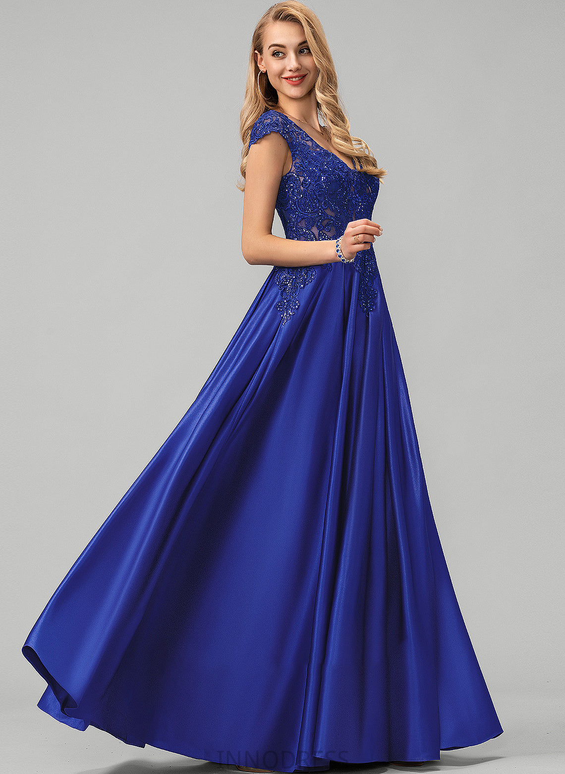 V-neck Riya Floor-Length Sequins Prom Dresses With Ball-Gown/Princess Lace Satin