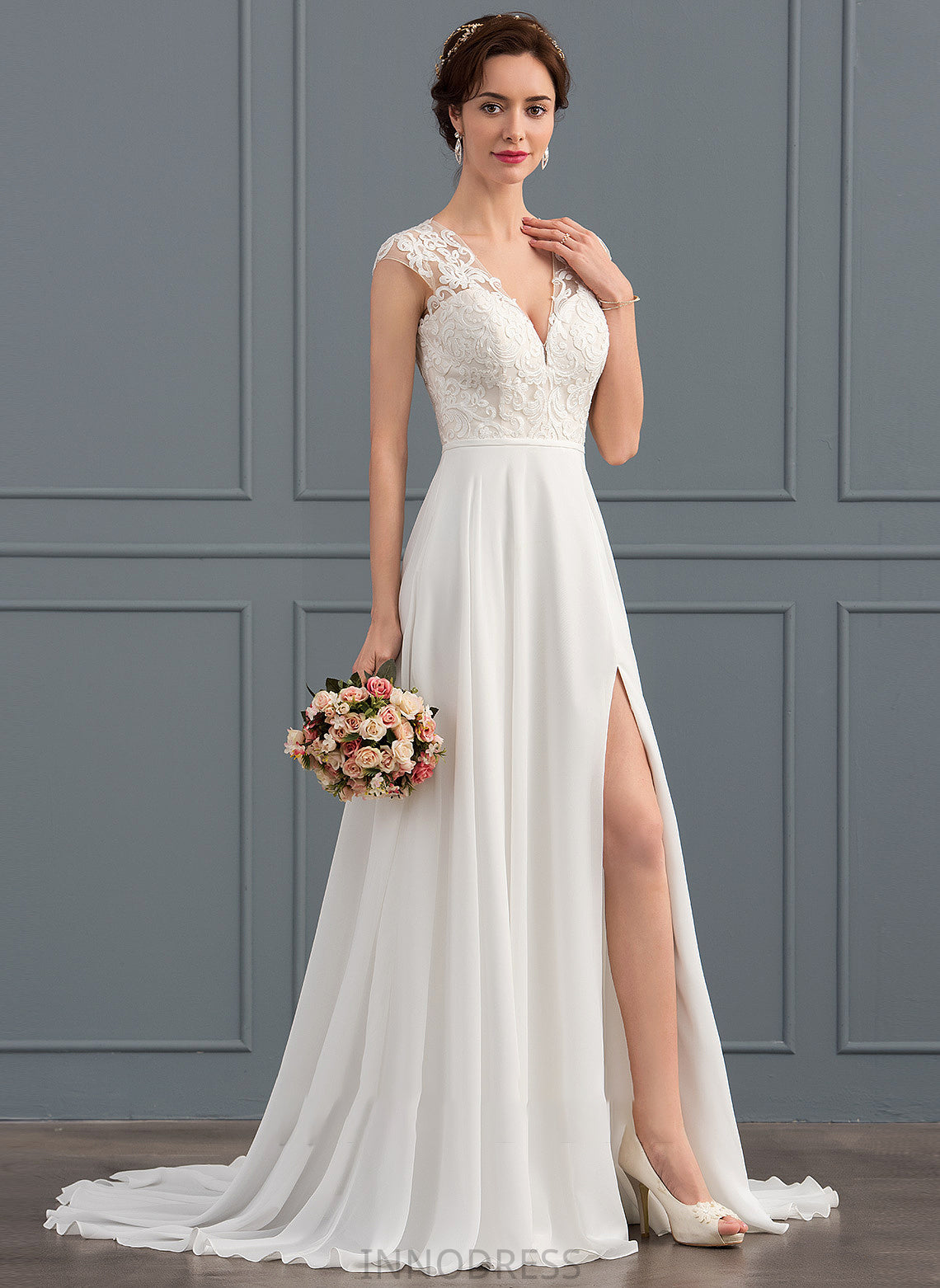 Wedding Chiffon Front Dress Wedding Dresses A-Line With Split Sweep Tia Train V-neck