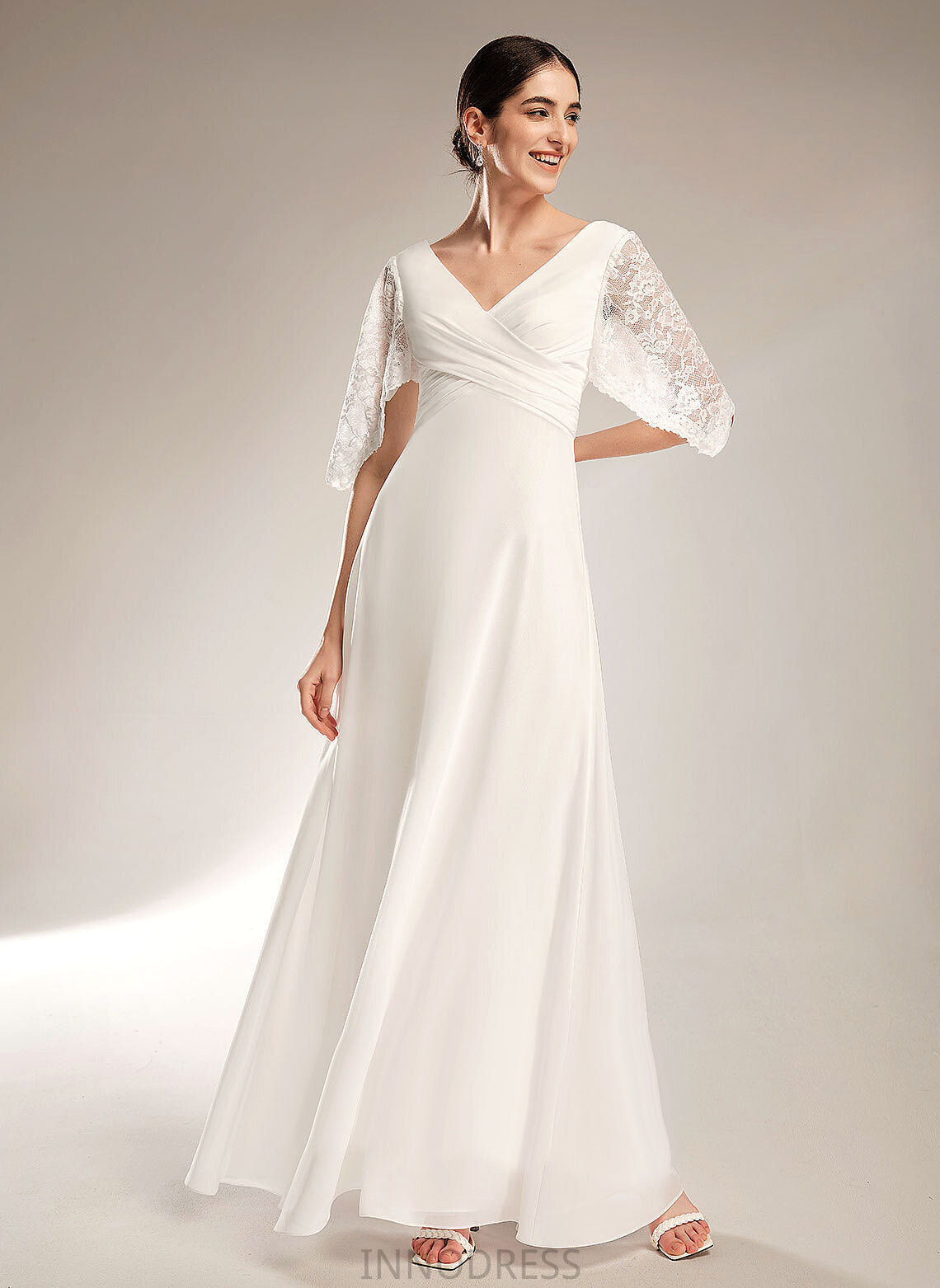 Dress Chiffon Nadia Wedding With Floor-Length Sheath/Column Wedding Dresses Lace V-neck