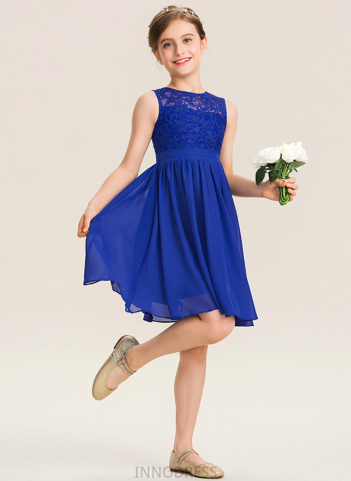 Knee-Length Neck Isabell Chiffon A-Line Junior Bridesmaid Dresses Lace Scoop