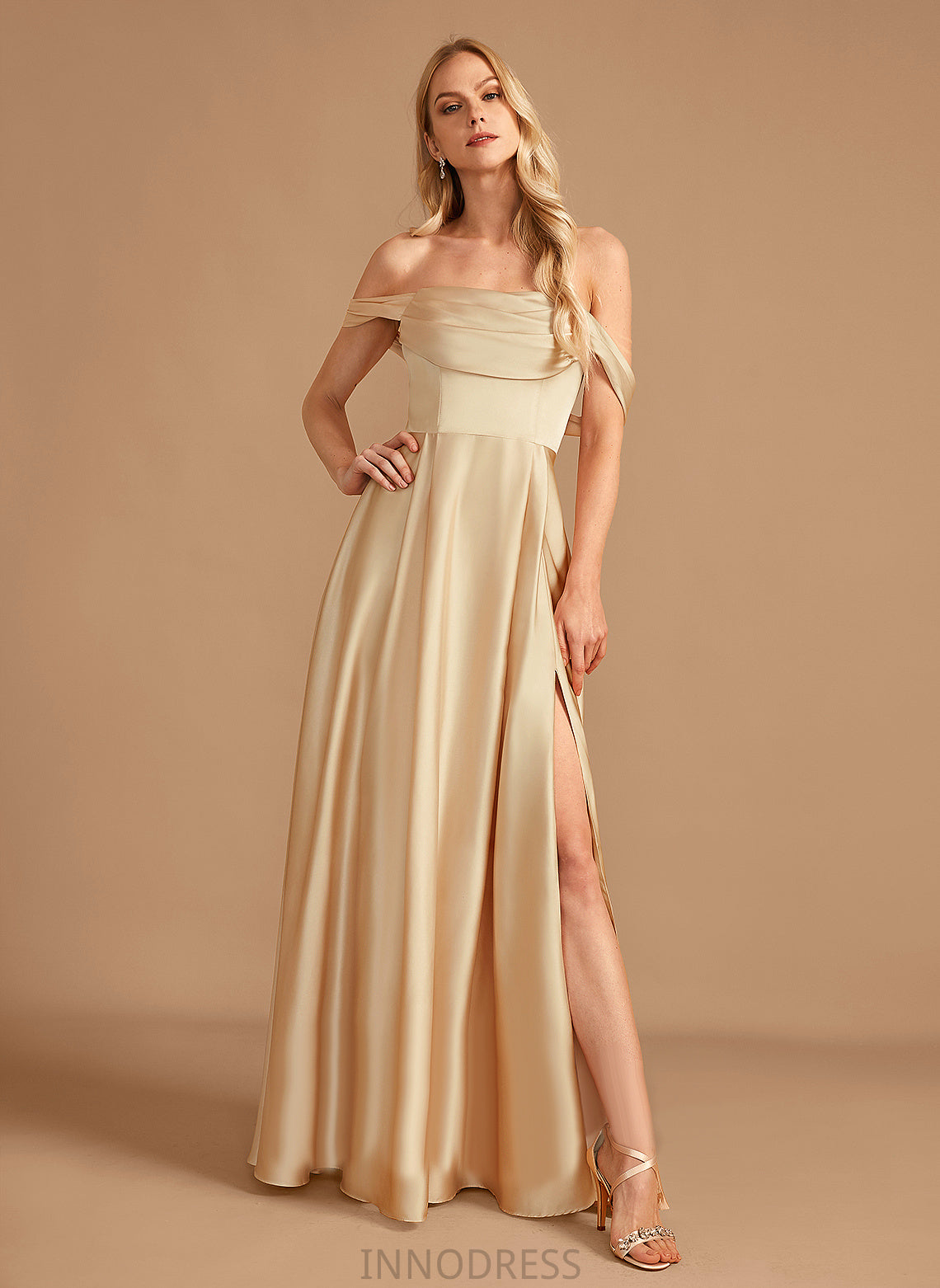 Silhouette SplitFront Embellishment A-Line Length Fabric Neckline Floor-Length Off-the-Shoulder Pockets Diana V-Neck Bridesmaid Dresses