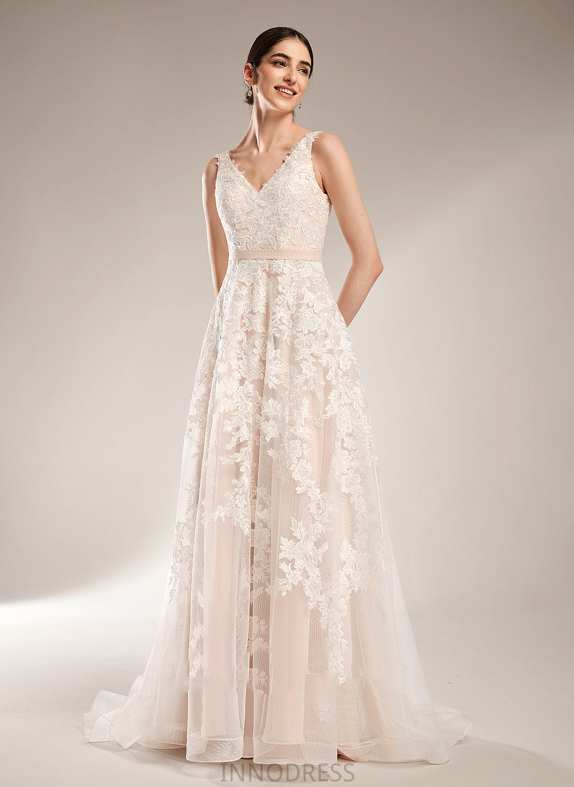 V-neck Lace Wedding Mira Court Wedding Dresses A-Line Train Dress Tulle